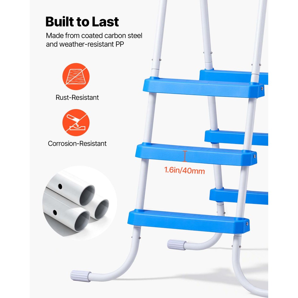 VEVOR Above Ground Pool Ladder, 3-Step Steel A-Frame Swimming Pool Stairs for 36 in High Wall, 300 lbs Capacity Entry/Exit Steps with Secure Non-Slip Sturdy Wide Step, Easy Setup, White & Blue