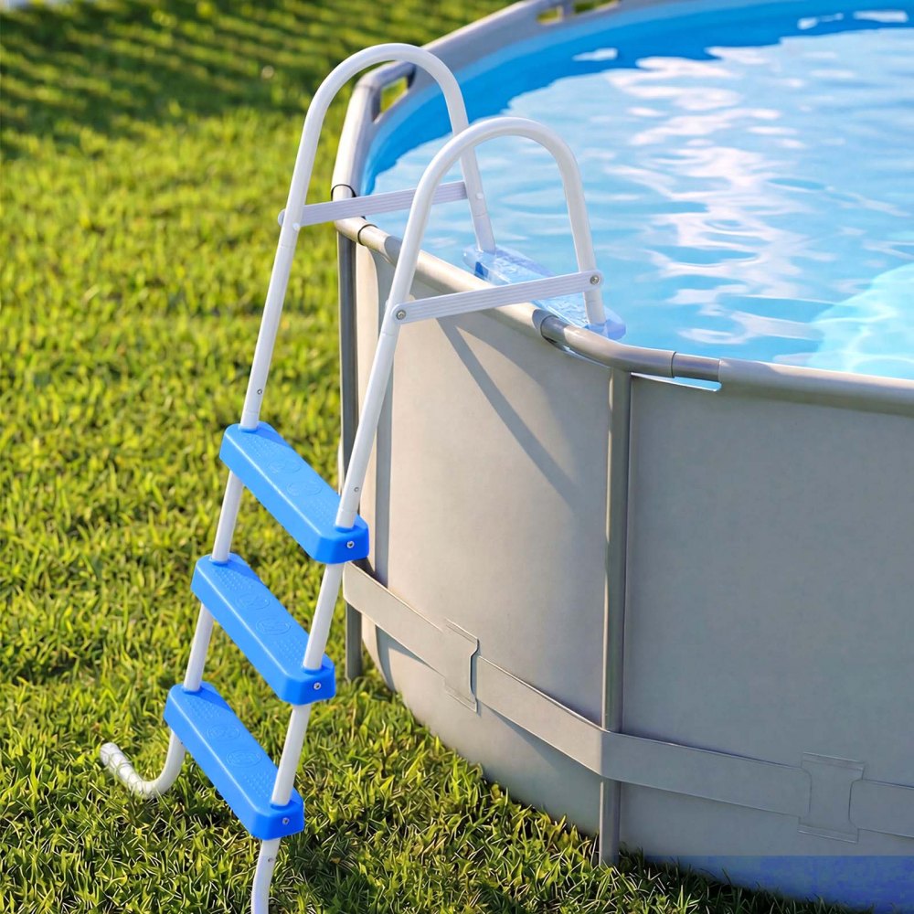 VEVOR Above Ground Pool Ladder, 3-Step Steel A-Frame Swimming Pool Stairs for 36 in High Wall, 300 lbs Capacity Entry/Exit Steps with Secure Non-Slip Sturdy Wide Step, Easy Setup, White & Blue