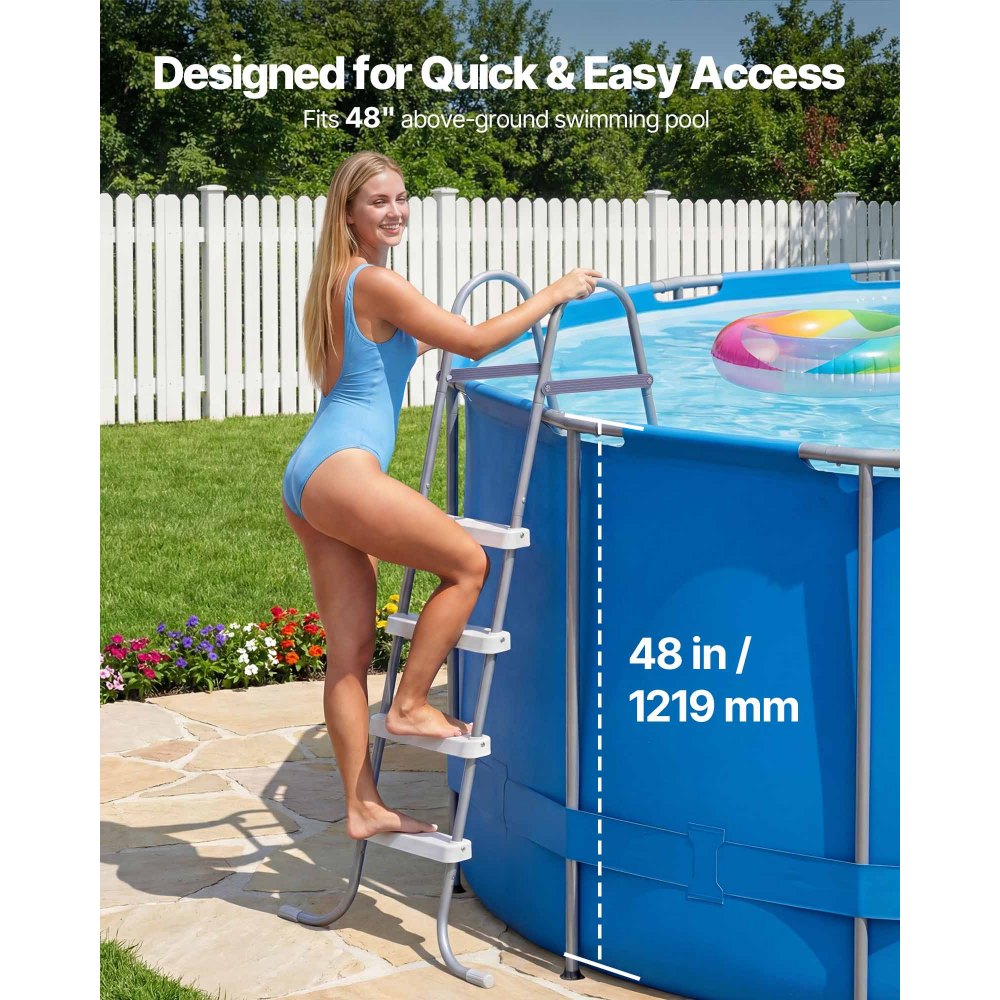 VEVOR Above Ground Pool Ladder, 4-Step Steel A-Frame Swimming Pool Stairs for 48 in High Wall, 300 lbs Capacity Entry/Exit Steps with Secure Non-Slip Sturdy Wide Step, Easy Setup, Gray & White