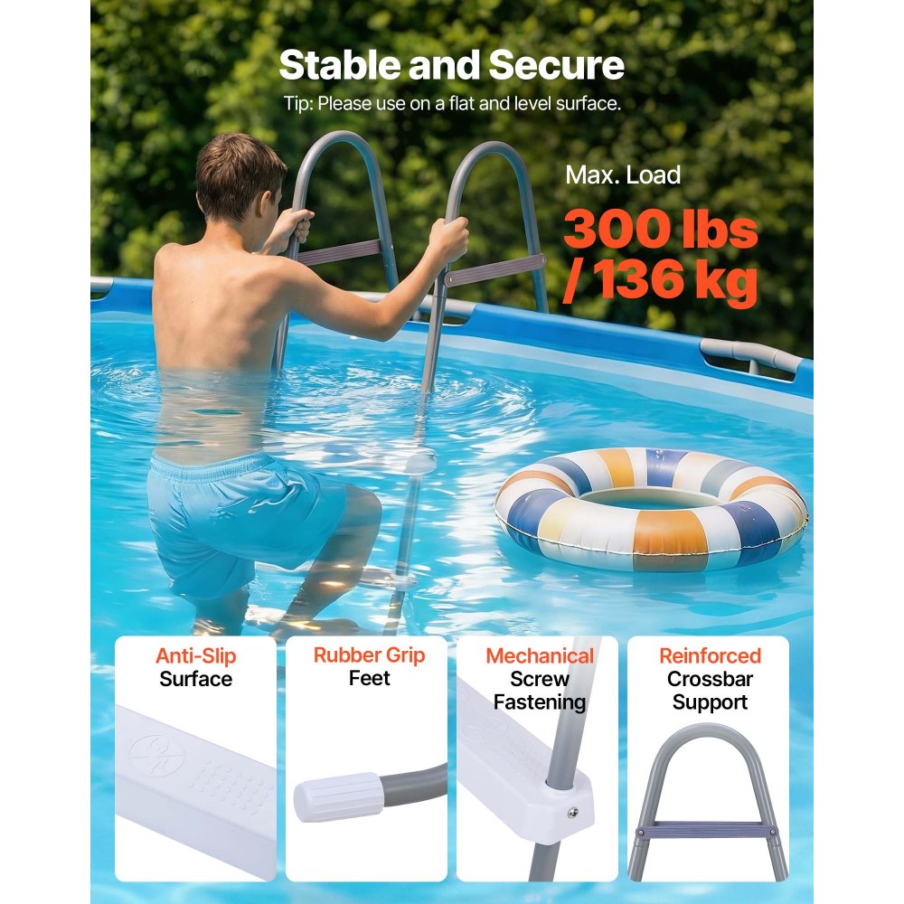 VEVOR Above Ground Pool Ladder, 4-Step Steel A-Frame Swimming Pool Stairs for 48 in High Wall, 300 lbs Capacity Entry/Exit Steps with Secure Non-Slip Sturdy Wide Step, Easy Setup, Gray & White
