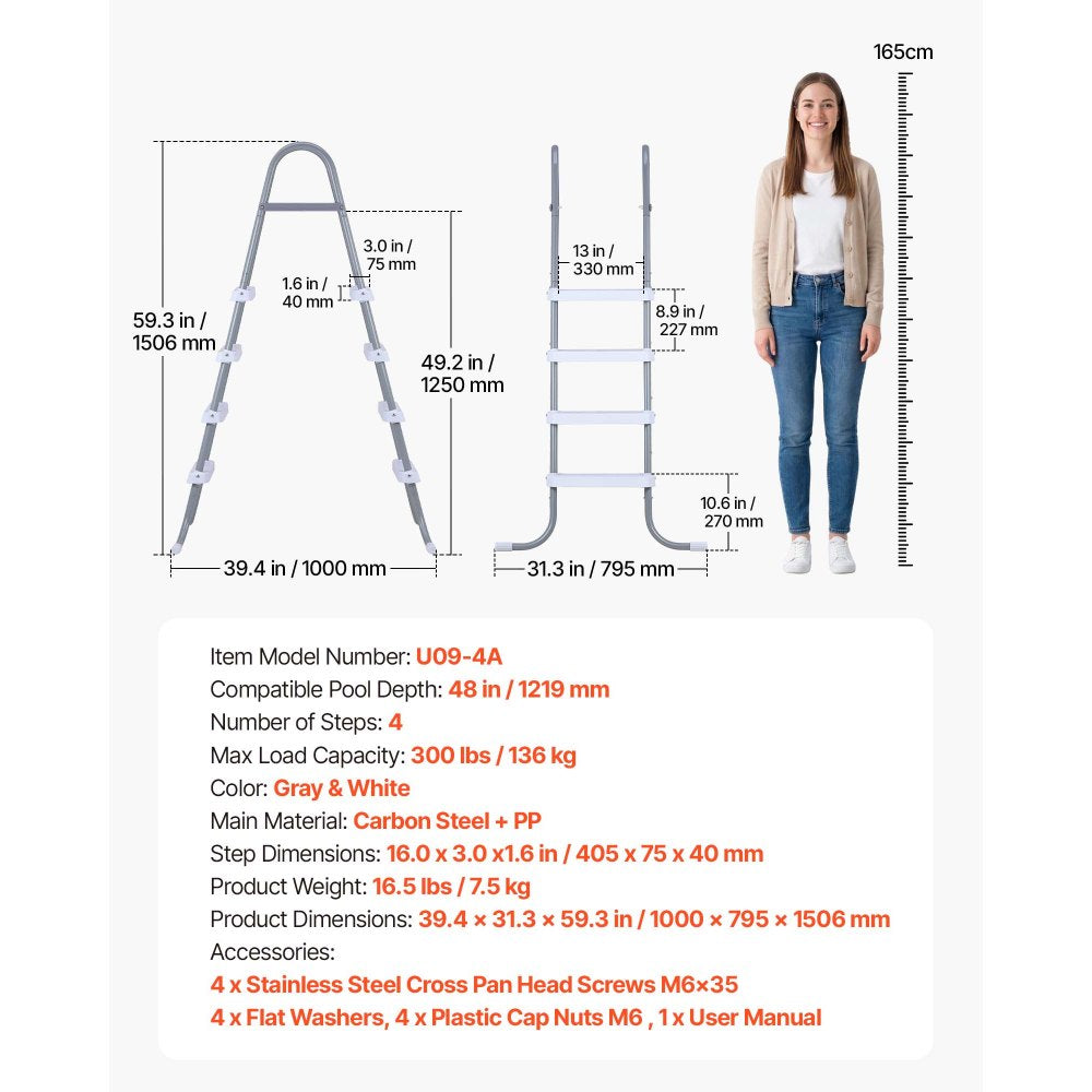 VEVOR Above Ground Pool Ladder, 4-Step Steel A-Frame Swimming Pool Stairs for 48 in High Wall, 300 lbs Capacity Entry/Exit Steps with Secure Non-Slip Sturdy Wide Step, Easy Setup, Gray & White