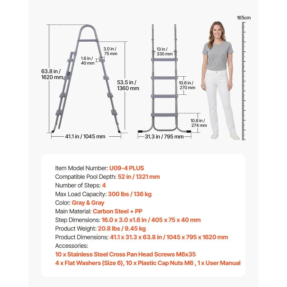 VEVOR Above Ground Pool Ladder, 4-Step Steel A-Frame Swimming Pool Stairs for 52 in High Wall, 300 lbs Capacity Entry/Exit Steps with Secure Non-Slip Sturdy Wide Step, Easy Setup Outdoor, Gray