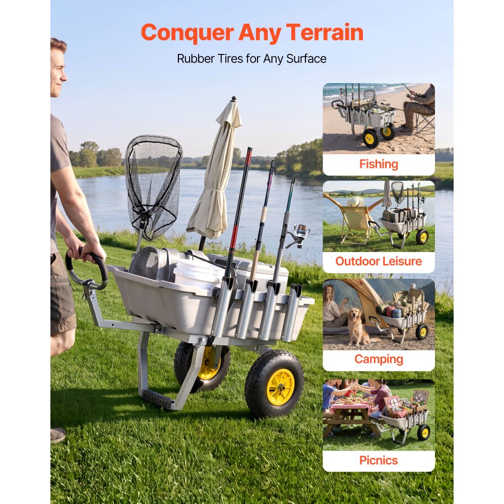 VEVOR Beach Fishing Cart, 200 lbs Load Capacity, Foldable Fishing Cart with Heavy-Duty Aluminum Alloy Frame, 13-Inch All-Terrain Tires, 8 Rod Holders, Strap, Easy to Clean, for Outdoor Camping Picnic