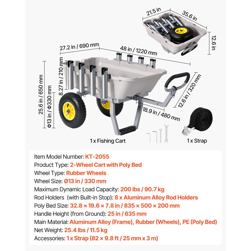 VEVOR Beach Fishing Cart, 200 lbs Load Capacity, Foldable Fishing Cart with Heavy-Duty Aluminum Alloy Frame, 13-Inch All-Terrain Tires, 8 Rod Holders, Strap, Easy to Clean, for Outdoor Camping Picnic