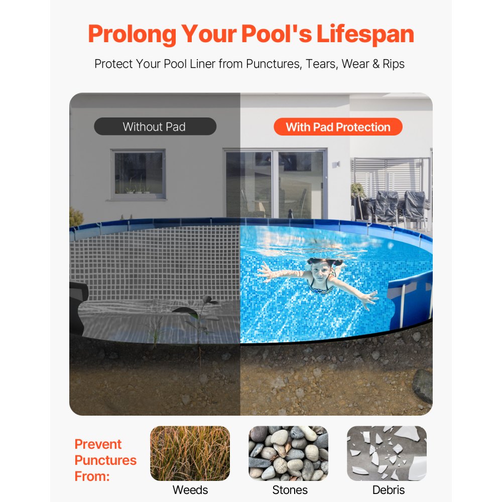 VEVOR Oval Pool Liner Pad, 15 x 30 ft Pool Liner Pad for Above Ground Swimming Pools, Extra-Thick Pool Mat, Prevents Punctures, Recycled Geotextile Material Underlayment Pad, Extend Liner Life
