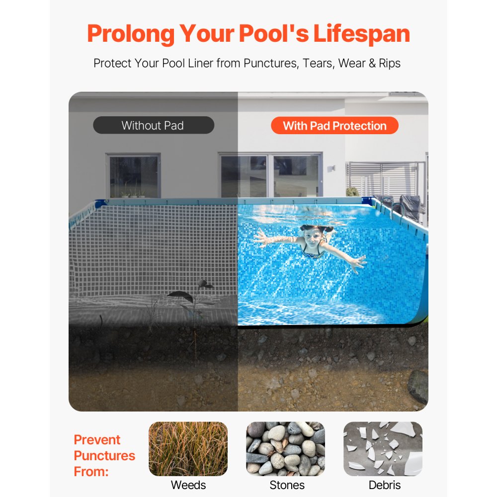 VEVOR Rectangle Pool Liner Pad, 12 x24 ft Pool Liner Pad for Above Ground Swimming Pools, Extra-Thick Pool Mat, Prevents Punctures, Recycled Geotextile Material Underlayment Pad, Extend Liner Life