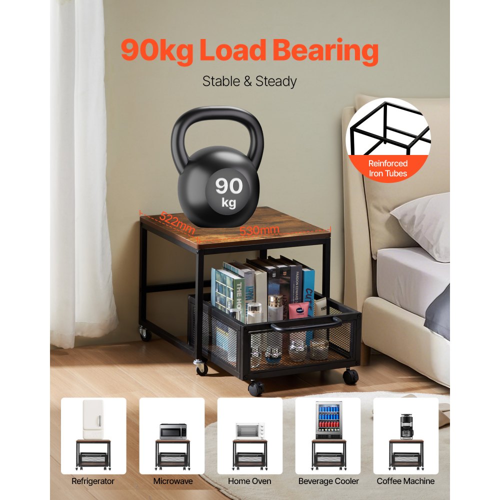 VEVOR Mini Fridge Stand with Storage, 198 lbs Mini Fridge Table with Movable Storage Cart & Swivel Wheels, Beverage Refrigerator Stand for Coffee Bar, Mini Fridge Organizer for Home Dorm, Light Brown