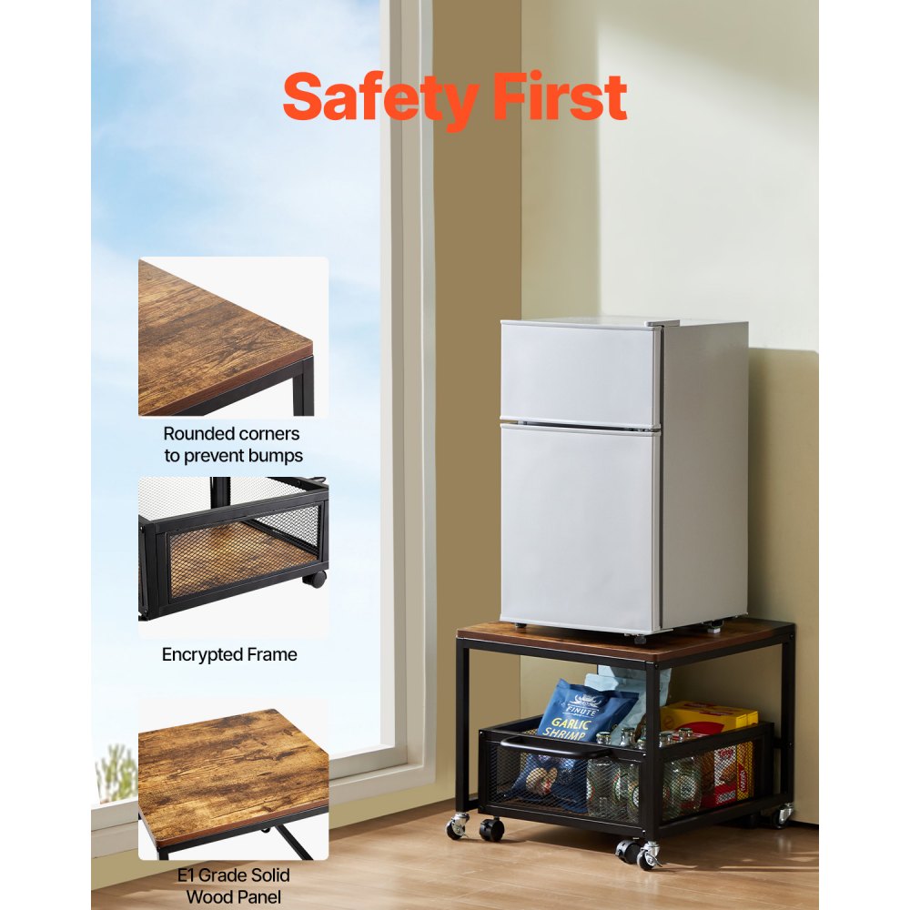 VEVOR Mini Fridge Stand with Storage, 198 lbs Mini Fridge Table with Movable Storage Cart & Swivel Wheels, Beverage Refrigerator Stand for Coffee Bar, Mini Fridge Organizer for Home Dorm, Light Brown