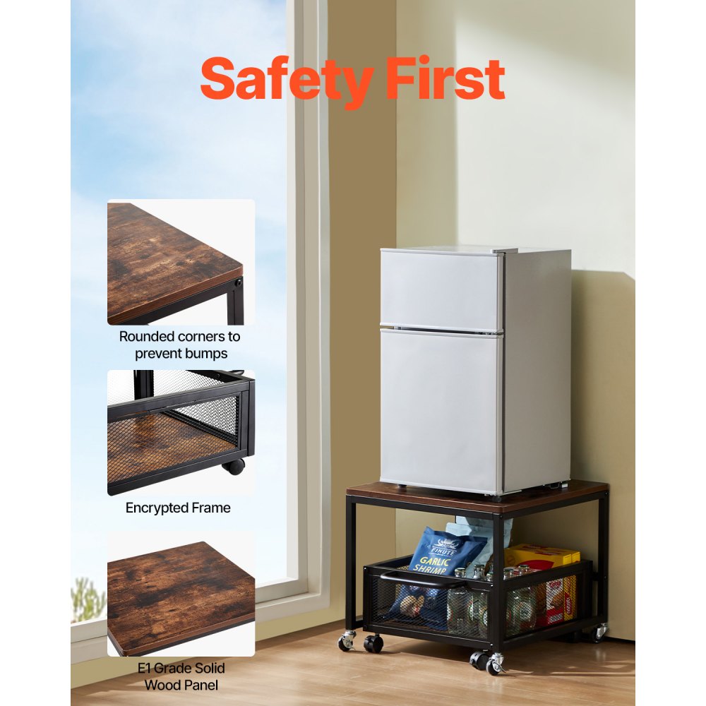 VEVOR Mini Fridge Stand with Storage, 198 lbs Mini Fridge Table with Movable Storage Cart & Swivel Wheels, Beverage Refrigerator Stand for Coffee Bar, Mini Fridge Organizer for Home Dorm, Dark Brown