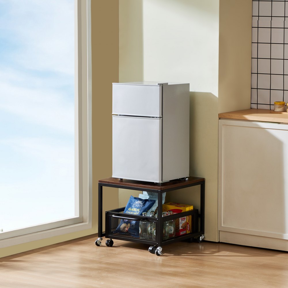 VEVOR Mini Fridge Stand with Storage, 198 lbs Mini Fridge Table with Movable Storage Cart & Swivel Wheels, Beverage Refrigerator Stand for Coffee Bar, Mini Fridge Organizer for Home Dorm, Dark Brown