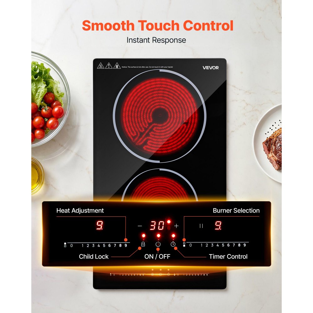 VEVOR Electric Cooktop 12inch 2 Burners Portable Stove Top 1800W 120V, Ceramic Countertop/Built-in Radiant Electric Stove, with 9 Power Levels, Timer, Child Lock, Over-Heat Guard, Touch Control
