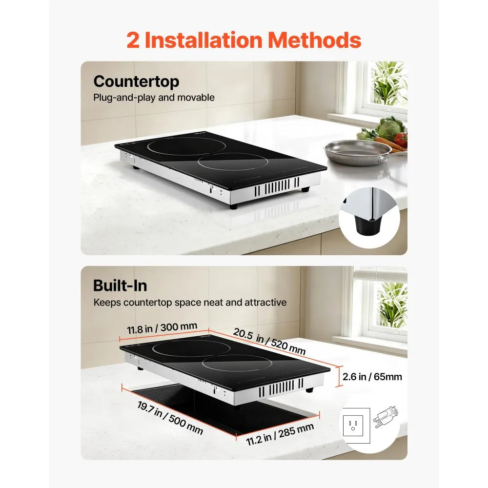 VEVOR Electric Cooktop 12inch 2 Burners Portable Stove Top 1800W 120V, Ceramic Countertop/Built-in Radiant Electric Stove, with 9 Power Levels, Timer, Child Lock, Over-Heat Guard, Touch Control
