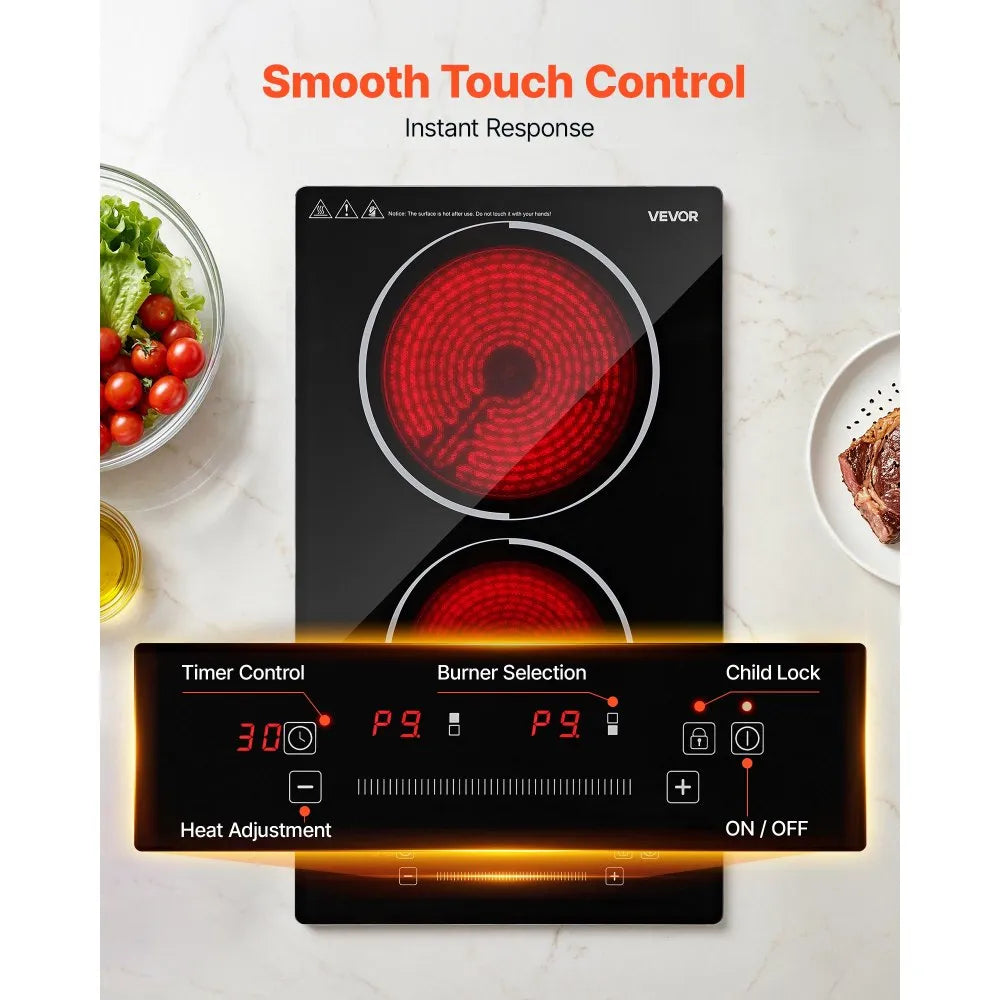 VEVOR Electric Cooktop 12inch 2 Burners Portable Stove Top 1800W 120V, Ceramic Countertop/Built-in  Radiant Electric Stove, with 9 Power Levels, Timer, Child Lock, Over-Heat Guard, Touch Control