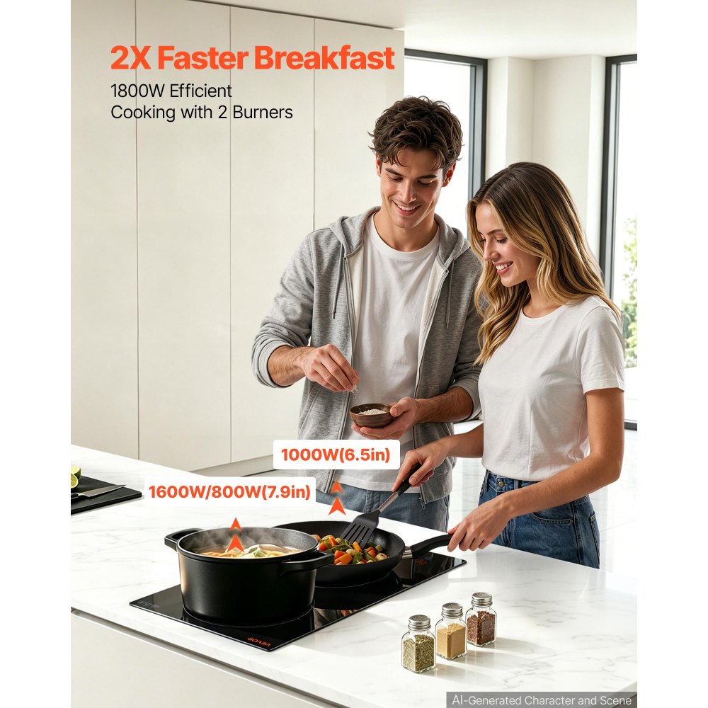 VEVOR Electric Cooktop 12inch 2 Burners Portable Stove Top 1800W 120V, Ceramic Countertop/Built-in Radiant Electric Stove, with 16 Power Levels, Timer, Child Lock, Over-Heat Guard, Touch Control
