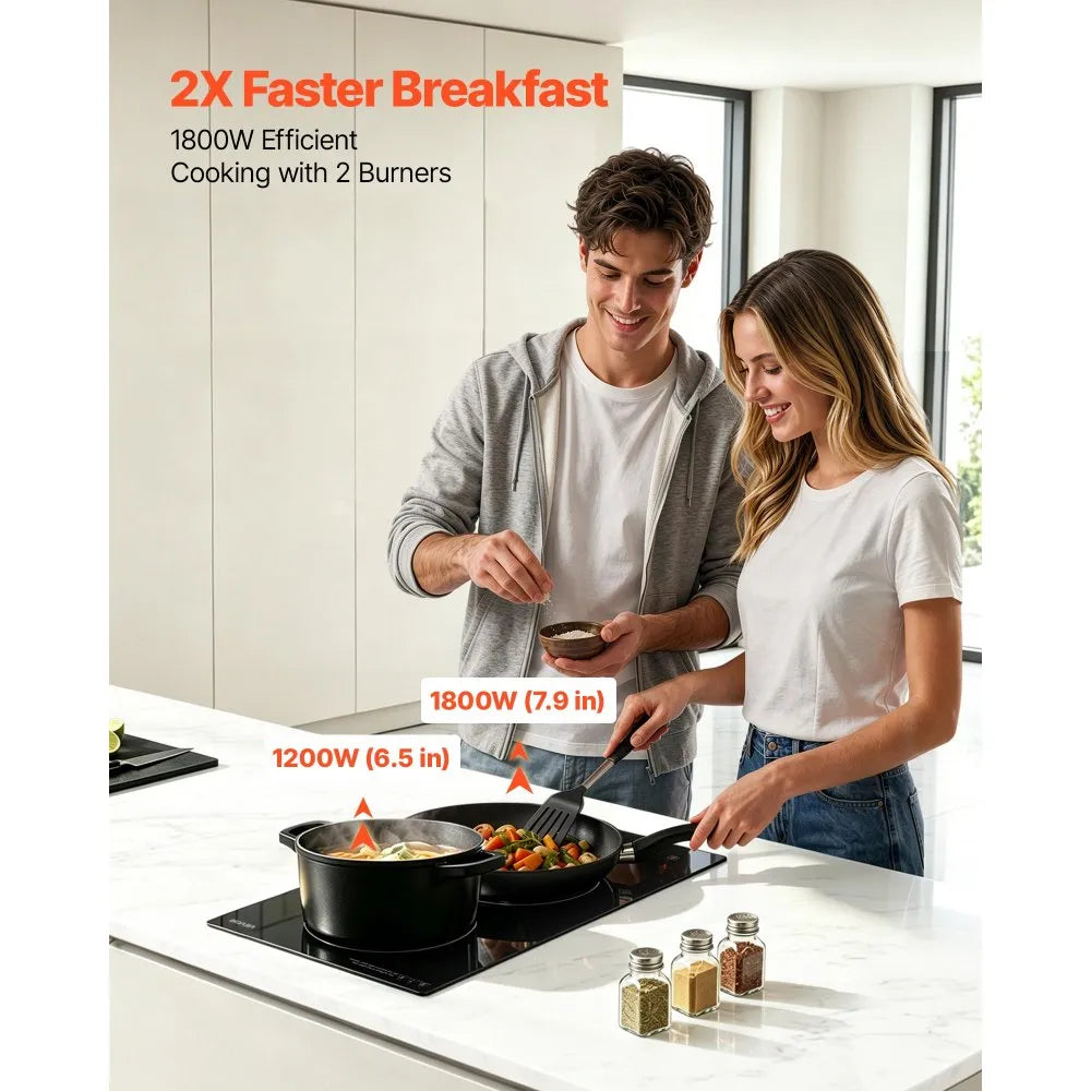 VEVOR Electric Cooktop 12inch 2 Burners Stove Top 3000W 220V No Plug, Ceramic Built-in Radiant Electric Stove, with 9 Power Levels, Timer, Child Lock, Over-Heat Guard, Touch Control