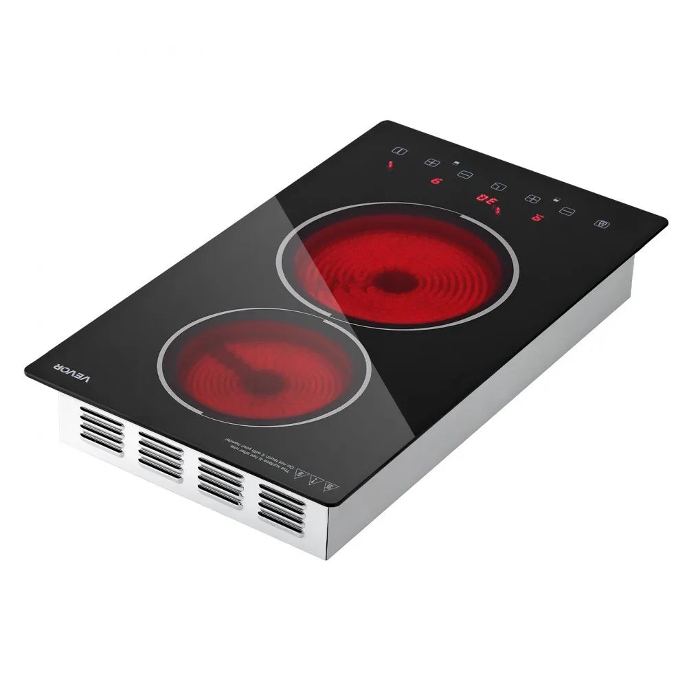 VEVOR Electric Cooktop 12inch 2 Burners Stove Top 3000W 220V No Plug, Ceramic Built-in Radiant Electric Stove, with 9 Power Levels, Timer, Child Lock, Over-Heat Guard, Touch Control