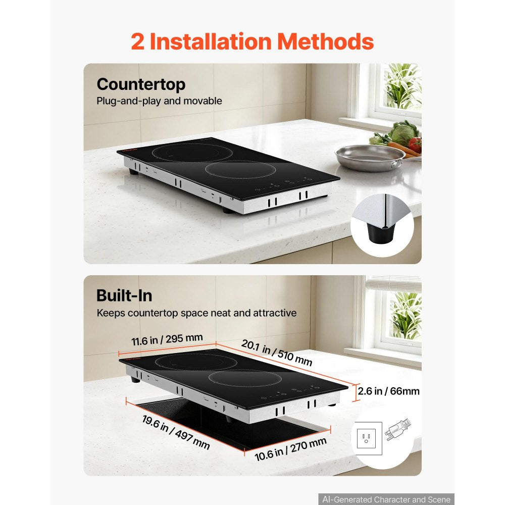 VEVOR Electric Cooktop 12inch 2 Burners Portable Stove Top 1800W 120V, Ceramic Countertop/Built-in Radiant Electric Stove, with 9 Power Levels, Timer, Child Lock, Over-Heat Guard, Touch Control