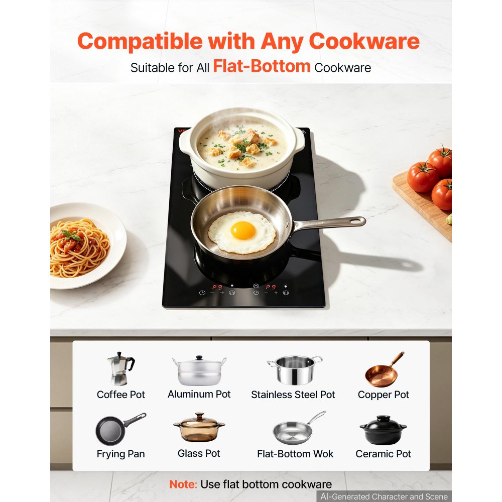 VEVOR Electric Cooktop 12inch 2 Burners Portable Stove Top 1800W 120V, Ceramic Countertop/Built-in Radiant Electric Stove, with 9 Power Levels, Timer, Child Lock, Over-Heat Guard, Touch Control