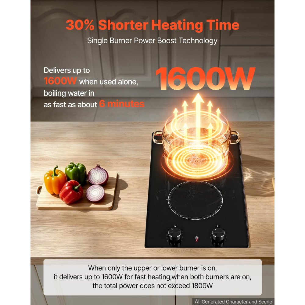 VEVOR Electric Cooktop 12in 2 Burners Portable Stove Top 1800W 120V Plug In, Ceramic Countertop/Built-in Radiant Electric Stove , with 11 Power Levels, Over-Heat Guard, Knob Control