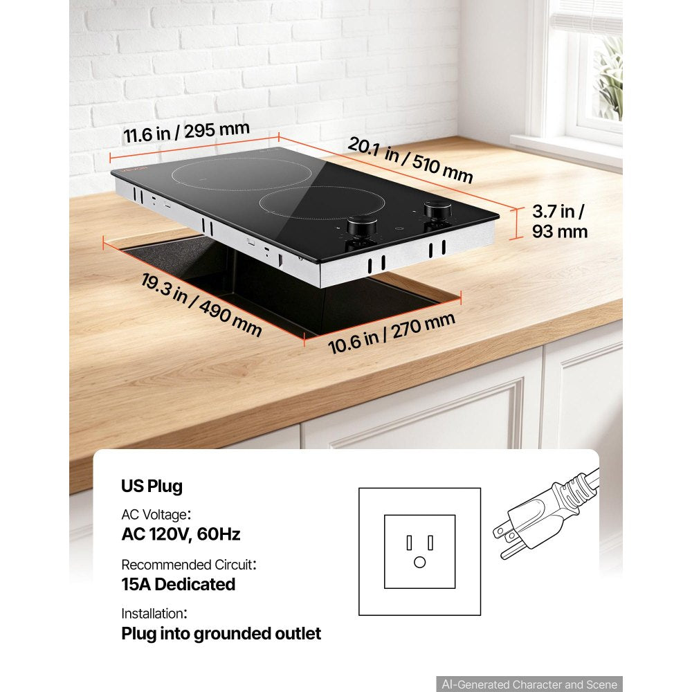 VEVOR Electric Cooktop 12in 2 Burners Portable Stove Top 1800W 120V Plug In, Ceramic Countertop/Built-in Radiant Electric Stove , with 11 Power Levels, Over-Heat Guard, Knob Control