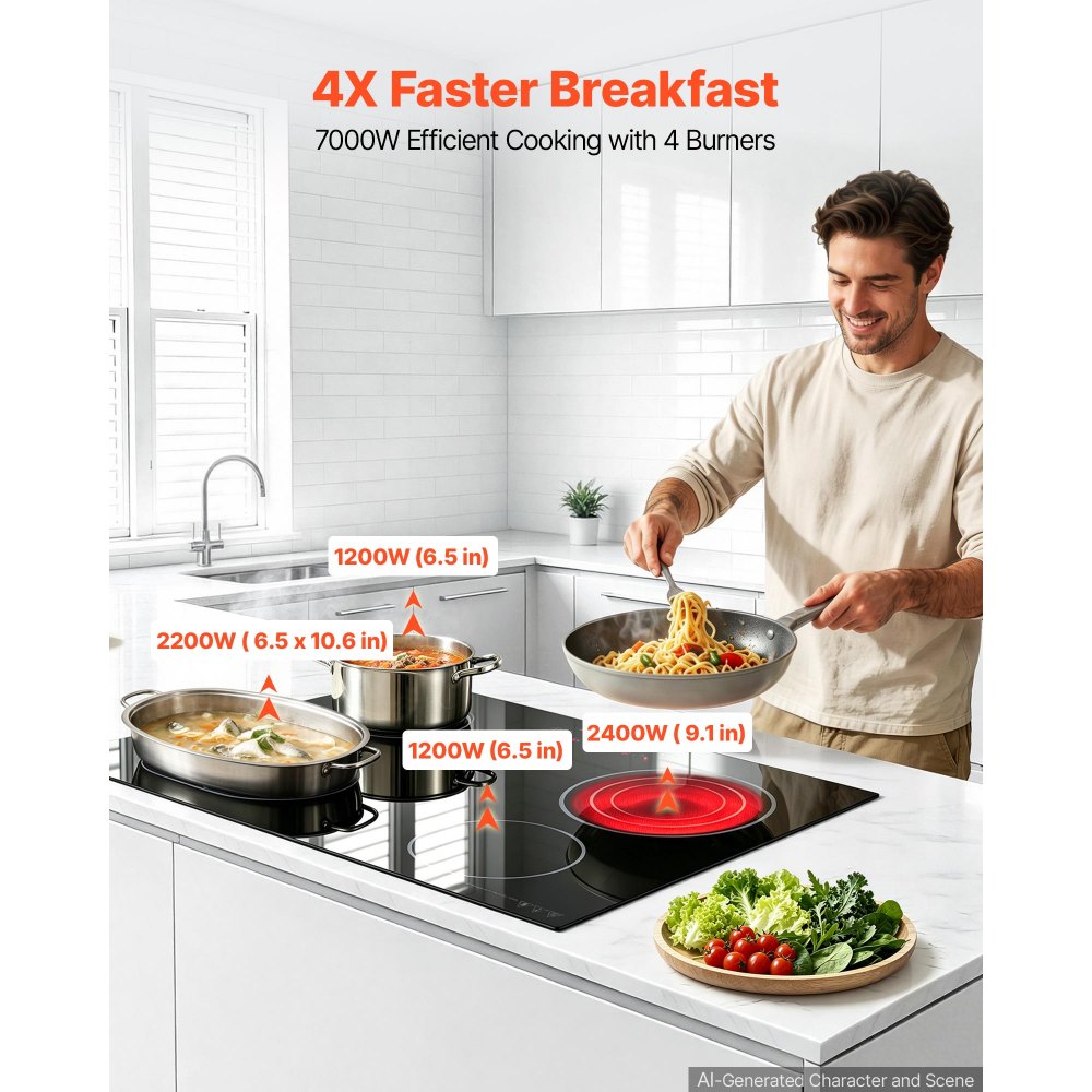 VEVOR Electric Cooktop 30inch 4 Burners Stove Top 7000W 220V No Plug, Ceramic Built-in Radiant Electric Stove , with 9 Power Levels, Timer, Child Lock, Over-Heat Guard, Touch Control