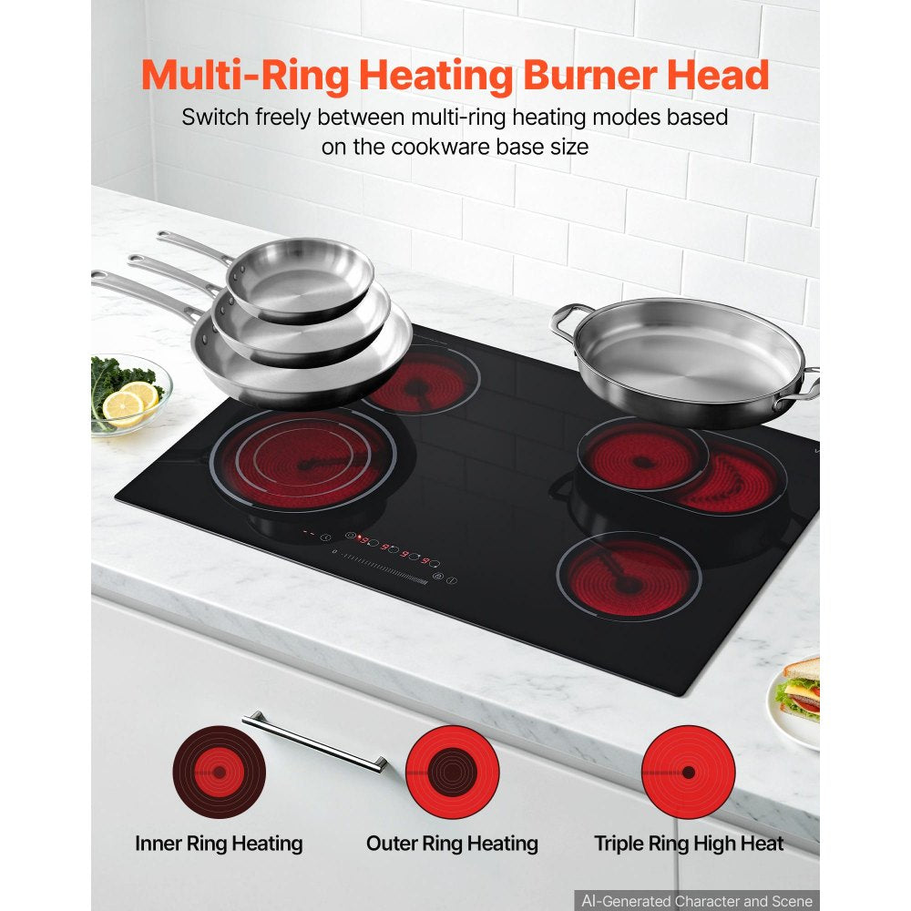 VEVOR Electric Cooktop 30inch 4 Burners Stove Top 7000W 220V No Plug, Ceramic Built-in Radiant Electric Stove , with 9 Power Levels, Timer, Child Lock, Over-Heat Guard, Touch Control