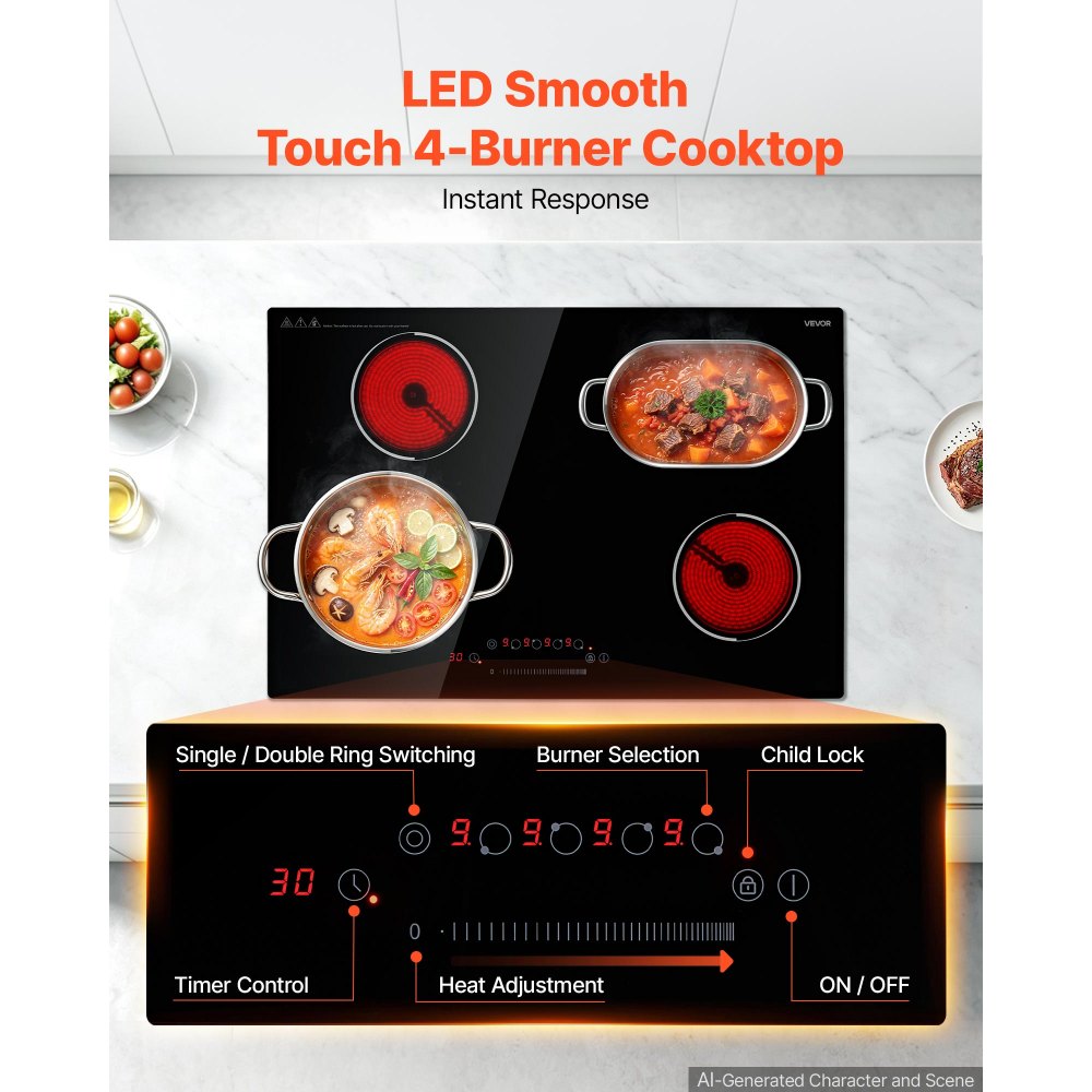 VEVOR Electric Cooktop 30inch 4 Burners Stove Top 7000W 220V No Plug, Ceramic Built-in Radiant Electric Stove , with 9 Power Levels, Timer, Child Lock, Over-Heat Guard, Touch Control