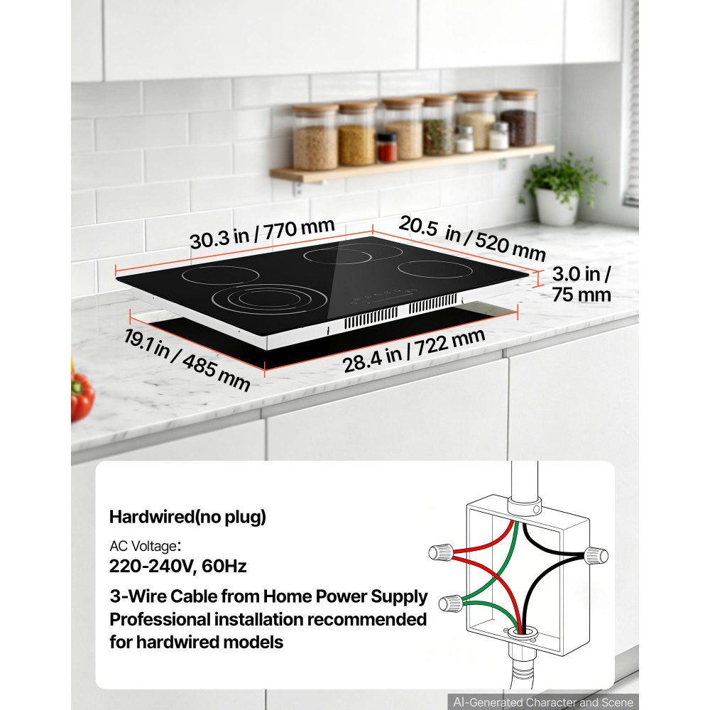 VEVOR Electric Cooktop 30inch 4 Burners Stove Top 7000W 220V No Plug, Ceramic Built-in Radiant Electric Stove , with 9 Power Levels, Timer, Child Lock, Over-Heat Guard, Touch Control