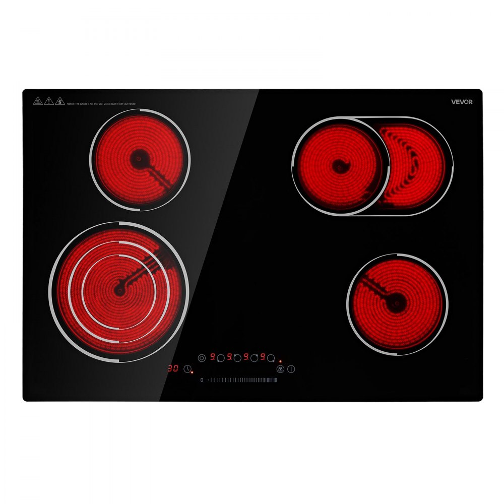 VEVOR Electric Cooktop 30inch 4 Burners Stove Top 7000W 220V No Plug, Ceramic Built-in Radiant Electric Stove , with 9 Power Levels, Timer, Child Lock, Over-Heat Guard, Touch Control