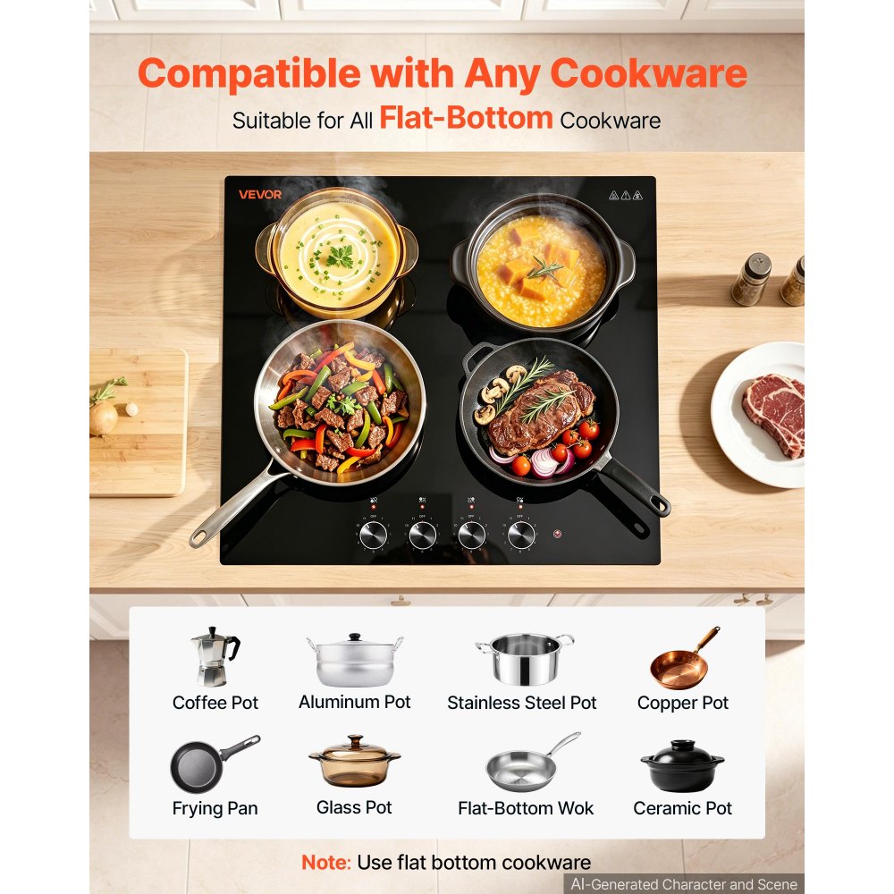 VEVOR Electric Cooktop 24inch 4 Burners Stove Top 6000W 220V No Plug, Ceramic Built-in Radiant Electric Stove , with 11 Power Levels, Over-Heat Guard, Knob Control, for Diverse Cooking Requirements