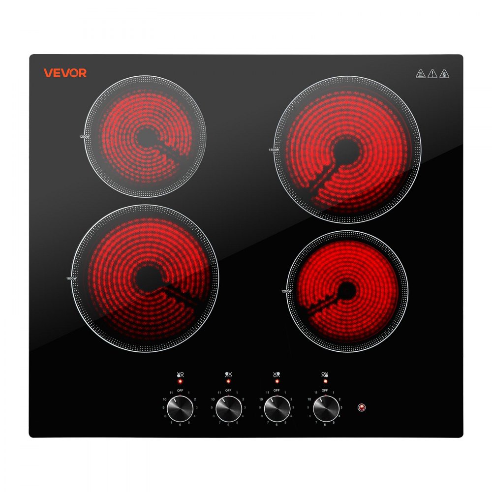 VEVOR Electric Cooktop 24inch 4 Burners Stove Top 6000W 220V No Plug, Ceramic Built-in Radiant Electric Stove , with 11 Power Levels, Over-Heat Guard, Knob Control, for Diverse Cooking Requirements