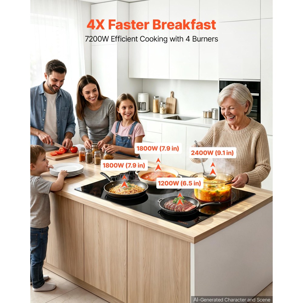 VEVOR Electric Cooktop 30inch 4 Burners Stove Top 7200W 220V No Plug, Ceramic Built-in Radiant Electric Stove , with 11 Power Levels, Over-Heat Guard, Knob/Touch Control