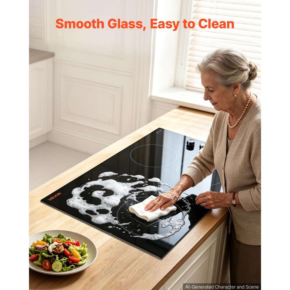 VEVOR Electric Cooktop 30inch 4 Burners Stove Top 7200W 220V No Plug, Ceramic Built-in Radiant Electric Stove , with 11 Power Levels, Over-Heat Guard, Knob/Touch Control