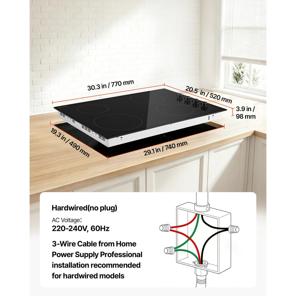 VEVOR Electric Cooktop 30inch 4 Burners Stove Top 7200W 220V No Plug, Ceramic Built-in Radiant Electric Stove , with 11 Power Levels, Over-Heat Guard, Knob/Touch Control
