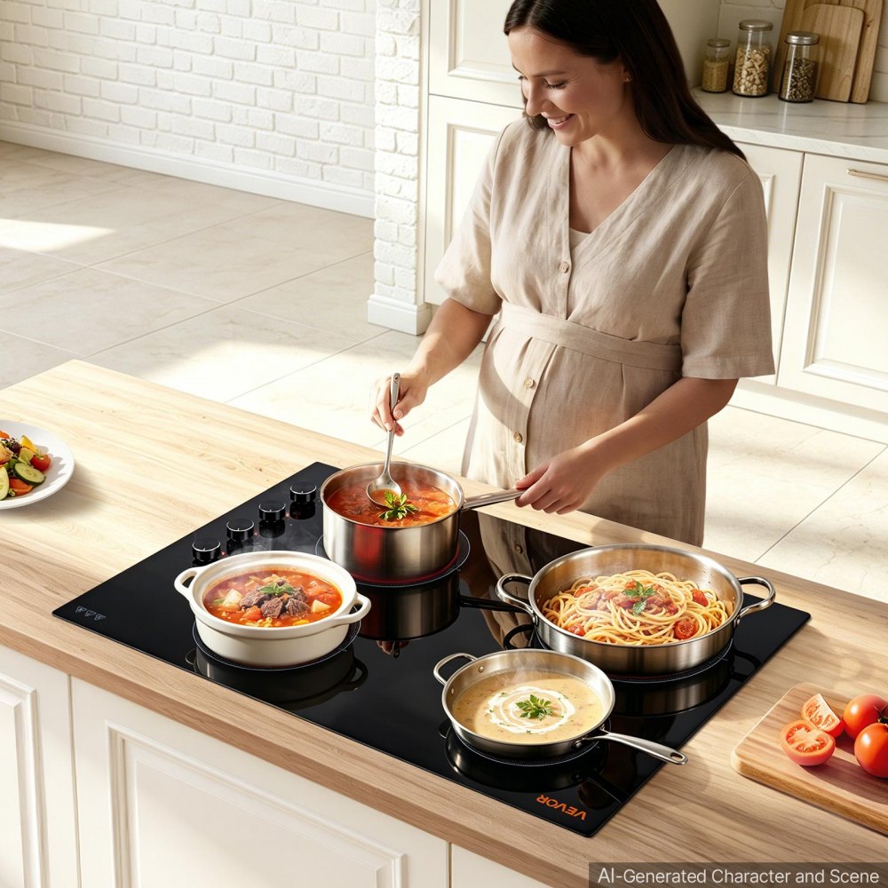 VEVOR Electric Cooktop 30inch 4 Burners Stove Top 7200W 220V No Plug, Ceramic Built-in Radiant Electric Stove , with 11 Power Levels, Over-Heat Guard, Knob/Touch Control