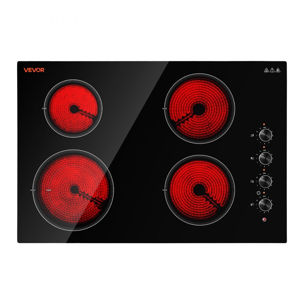VEVOR Electric Cooktop 30inch 4 Burners Stove Top 7200W 220V No Plug, Ceramic Built-in Radiant Electric Stove , with 11 Power Levels, Over-Heat Guard, Knob/Touch Control