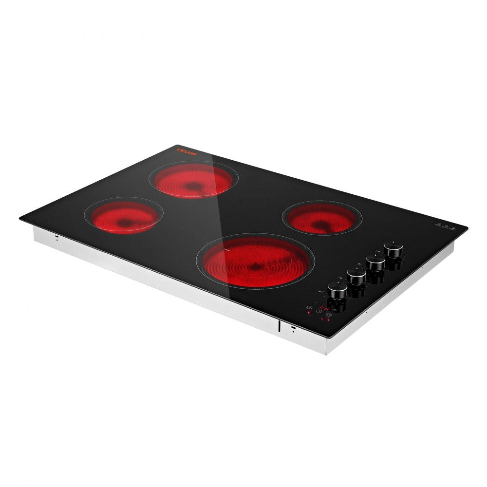 VEVOR Electric Cooktop 30inch 4 Burners Stove Top 6700W 220V No Plug, Ceramic Built-in Radiant Electric Stove , with 11 Power Levels, Timer, Child Lock, Over-Heat Guard, Knob/Touch Control