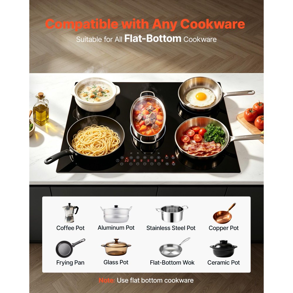 VEVOR Electric Cooktop 30inch 5 Burners Stove Top 8900W 220V No Plug, Ceramic Built-in Radiant Electric Stove , with 9 Power Levels, Timer, Child Lock, Over-Heat Guard, Touch Control