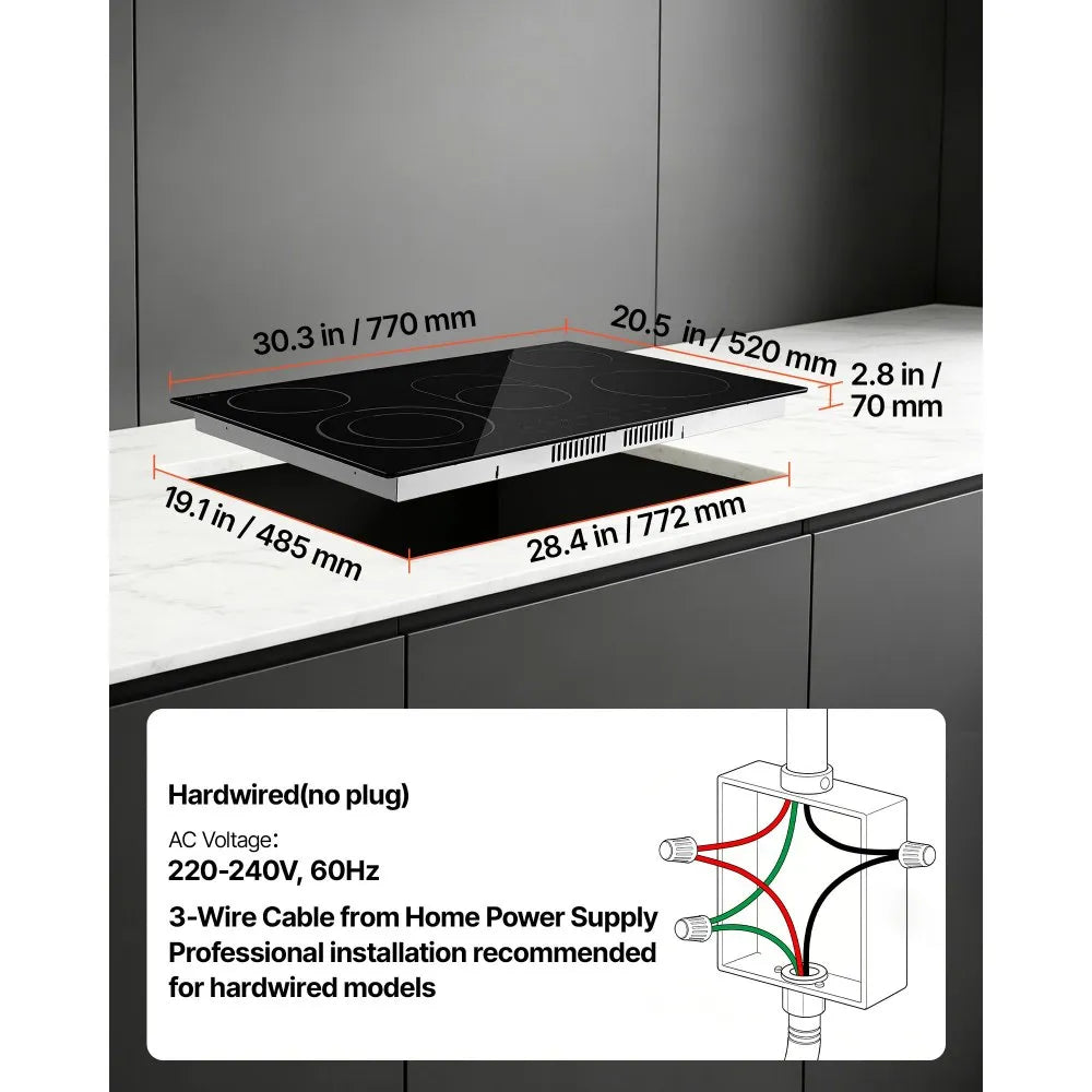 VEVOR Electric Cooktop 30inch 5 Burners Stove Top 8900W 220V No Plug, Ceramic Built-in Radiant Electric Stove , with 9 Power Levels, Timer, Child Lock, Over-Heat Guard, Touch Control