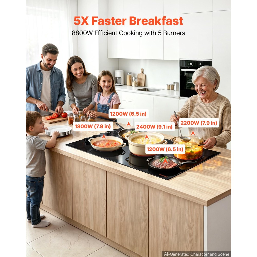 VEVOR Electric Cooktop 36inch 5 Burners Stove Top 8800W 220V No Plug, Ceramic Built-in Radiant Electric Stove , with 11 Power Levels, Timer, Child Lock, Over-Heat Guard, Knob/Touch Control