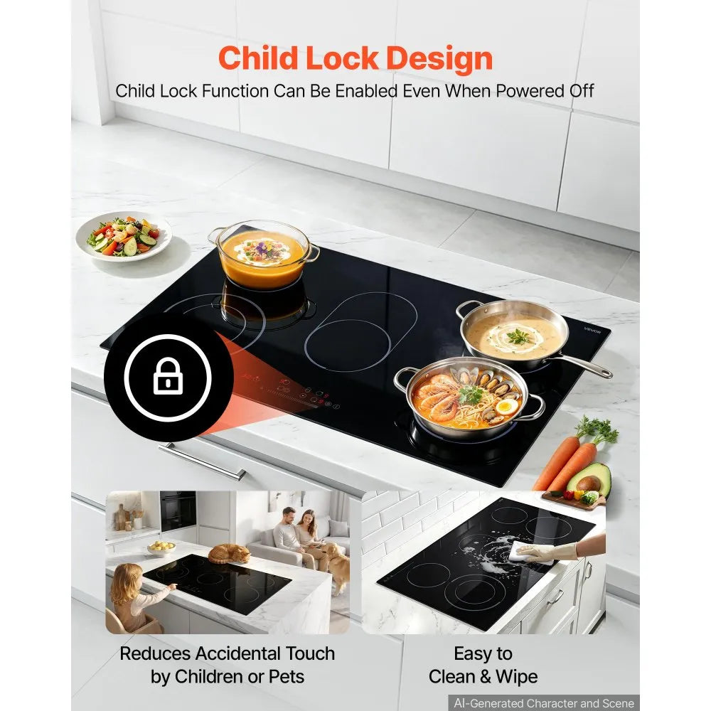 VEVOR Electric Cooktop 36inch 5 Burners Stove Top 8900W 220V No Plug, Ceramic Built-in Radiant Electric Stove , with 9 Power Levels, Timer, Child Lock, Over-Heat Guard, Touch Control