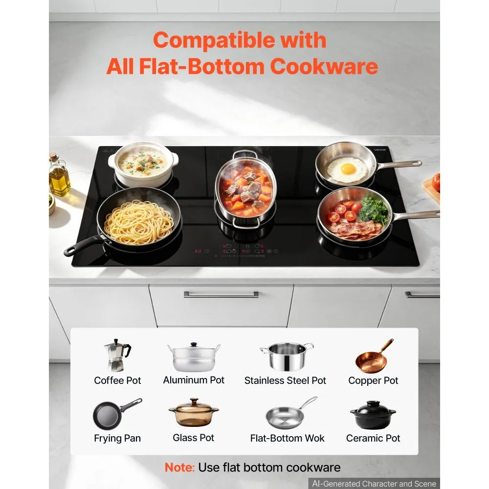 VEVOR Electric Cooktop 36inch 5 Burners Stove Top 8900W 220V No Plug, Ceramic Built-in Radiant Electric Stove , with 9 Power Levels, Timer, Child Lock, Over-Heat Guard, Touch Control
