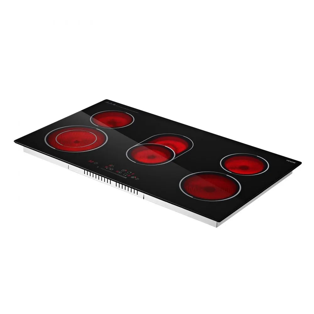 VEVOR Electric Cooktop 36inch 5 Burners Stove Top 8900W 220V No Plug, Ceramic Built-in Radiant Electric Stove , with 9 Power Levels, Timer, Child Lock, Over-Heat Guard, Touch Control