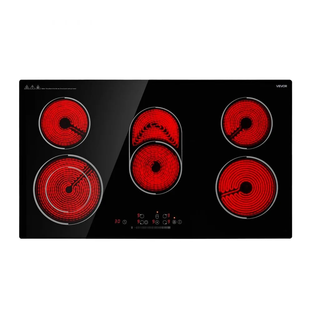 VEVOR Electric Cooktop 36inch 5 Burners Stove Top 8900W 220V No Plug, Ceramic Built-in Radiant Electric Stove , with 9 Power Levels, Timer, Child Lock, Over-Heat Guard, Touch Control