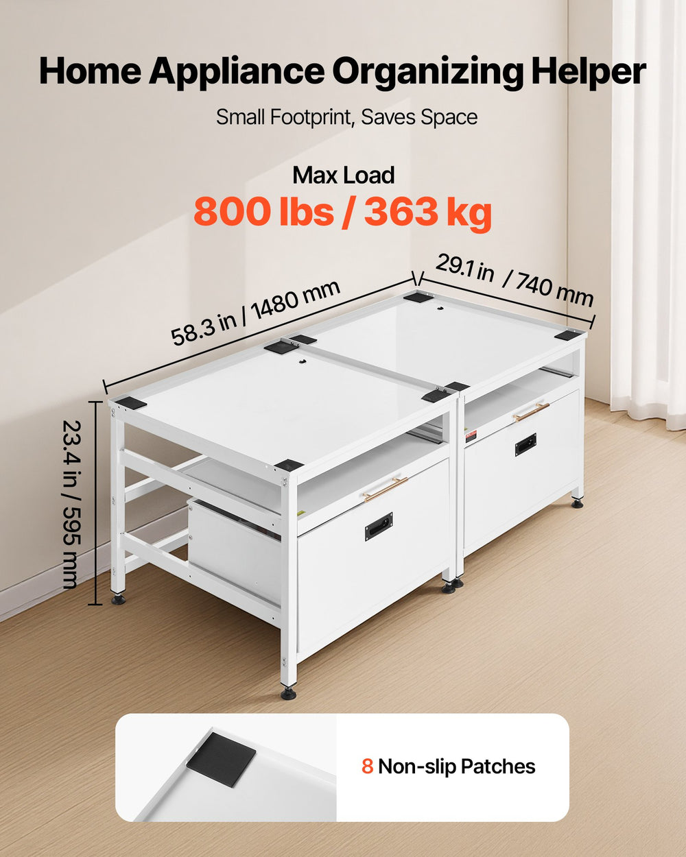 VEVOR Laundry Pedestal, 22.6 in Height, 29 x 29 in Washer and Dryer Pedestals with Pull-out Tray and Storage Space, 800 lbs Load Capacity, Non-Slip Feet Washing Machine Stand Universal, White, 2 Pack