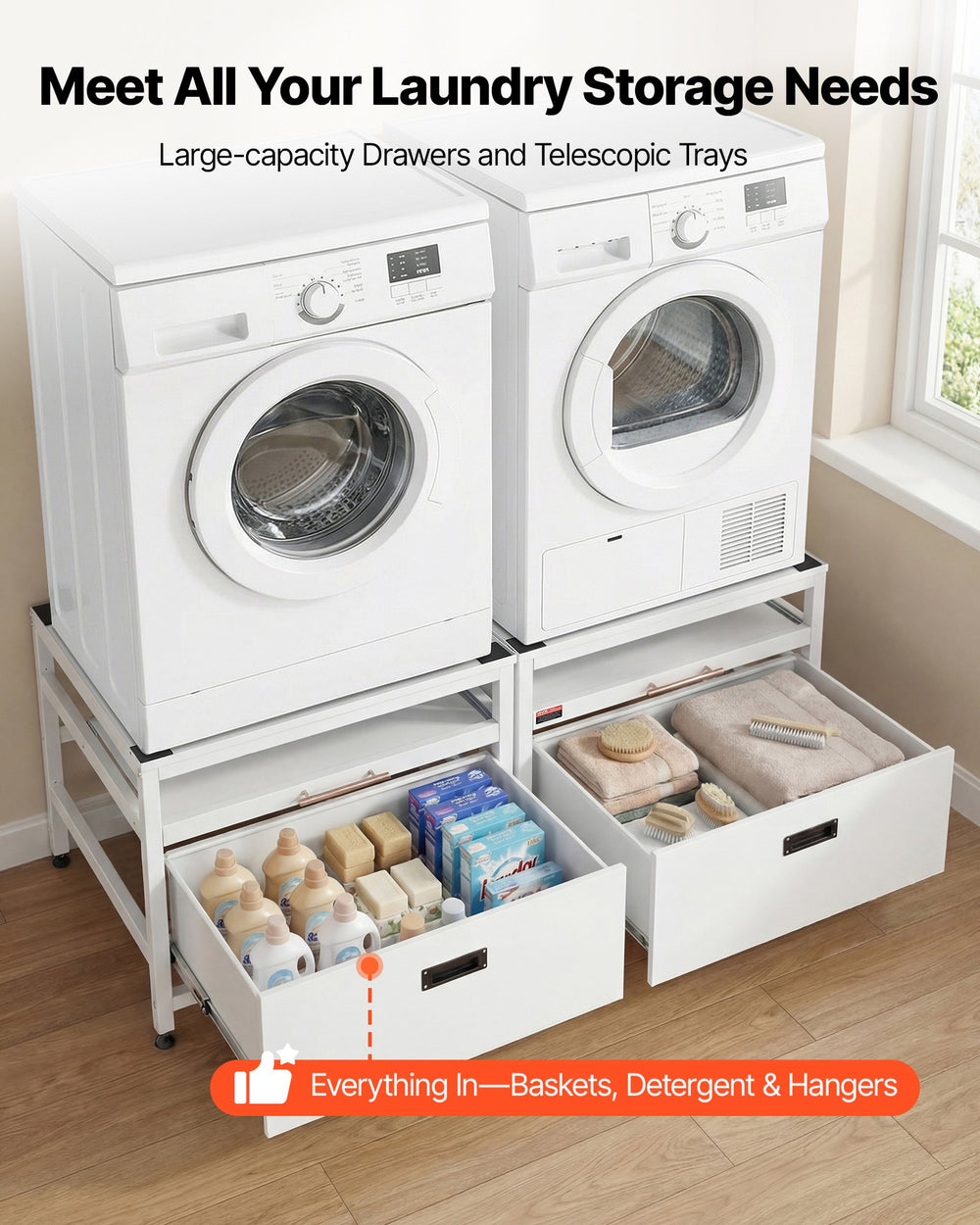 VEVOR Laundry Pedestal, 22.6 in Height, 29 x 29 in Washer and Dryer Pedestals with Pull-out Tray and Storage Space, 800 lbs Load Capacity, Non-Slip Feet Washing Machine Stand Universal, White, 2 Pack
