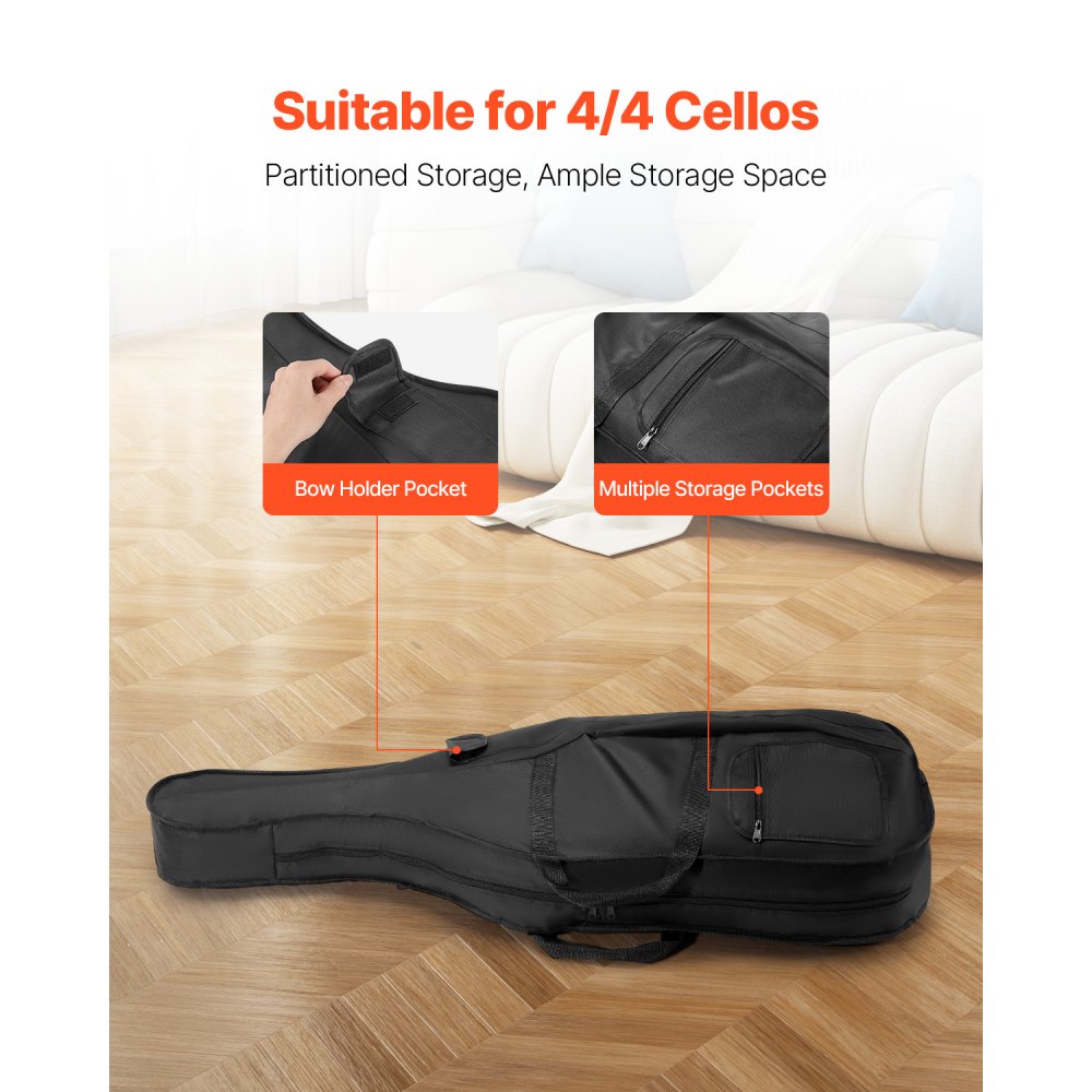 VEVOR 4/4 Full Size Cello Case, Nylon Waterproof, Lightweight Portable Travel Carrying Bag, with Reinforced Handle, Dual Shoulder Straps, Anti-Scratch, Professional Cello-Shape, for Cello, Black