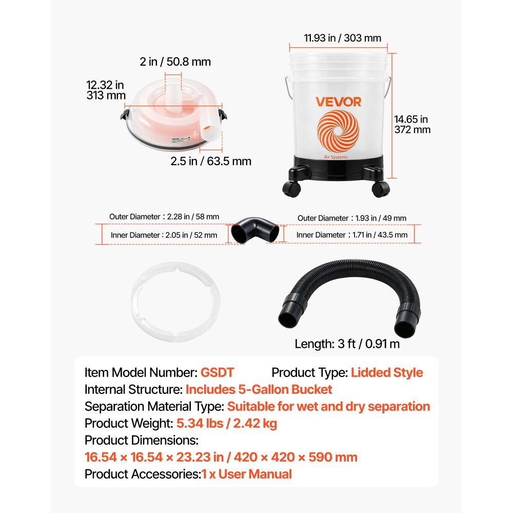 VEVOR Cyclone Dust Separator Kit, 5 Gallon Bucket Compact Dust Collector, 2 & 2-1/2 inch for Woodworking & Shop Wet/Dry Vacuums, with 3ft Hose, Elbow Adapter, Portable Casters, Translucent PP