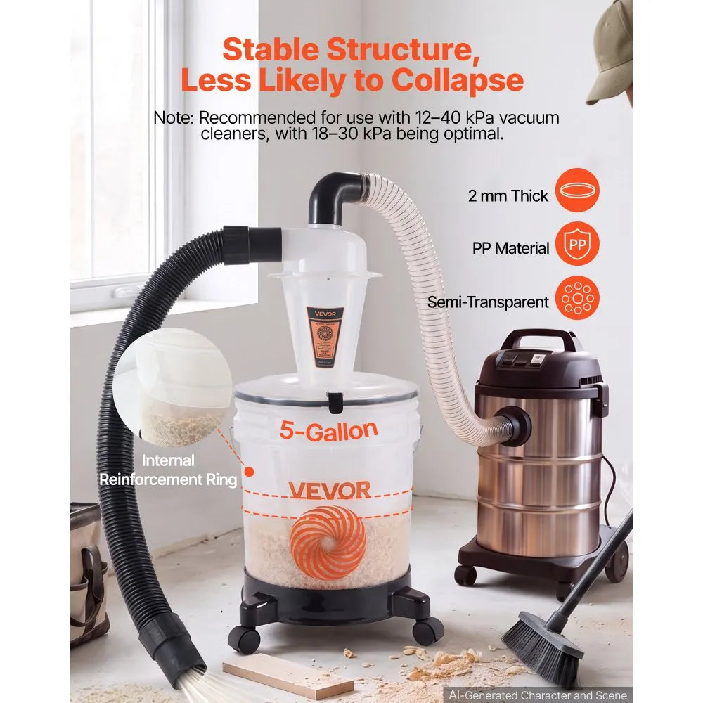 VEVOR Cyclone Dust Separator Kit, 5 Gallon Bucket 2 in O.D. Dust Collector, for Woodworking and Shop Wet/Dry Vacuums, with 3 ft PU Connection Hose, Elbow Adapter, Portable Casters, Translucent PP