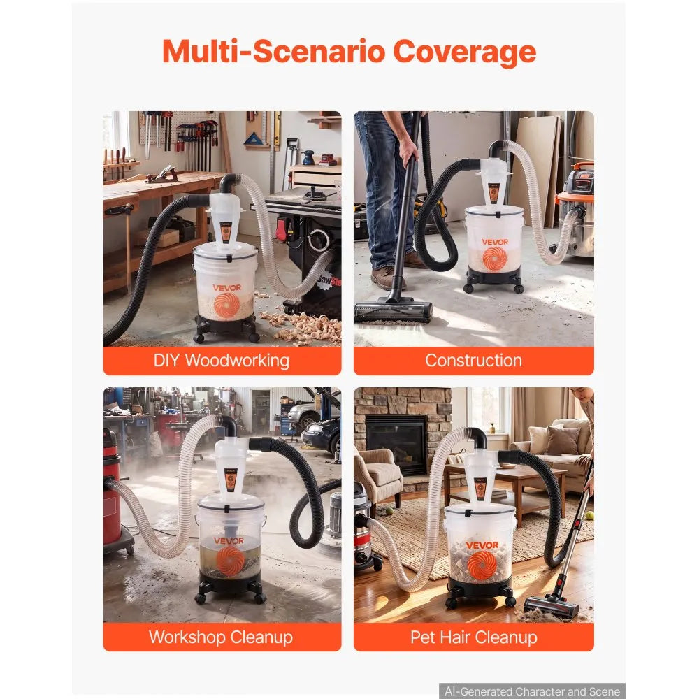 VEVOR Cyclone Dust Separator Kit, 5 Gallon Bucket 2 in O.D. Dust Collector, for Woodworking and Shop Wet/Dry Vacuums, with 3 ft PU Connection Hose, Elbow Adapter, Portable Casters, Translucent PP